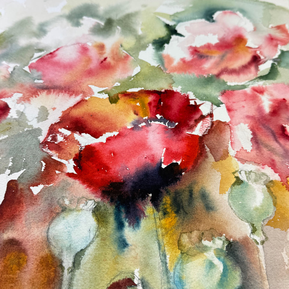 Large watercolor painting: Abstract Flowers by Coraline Bäcker