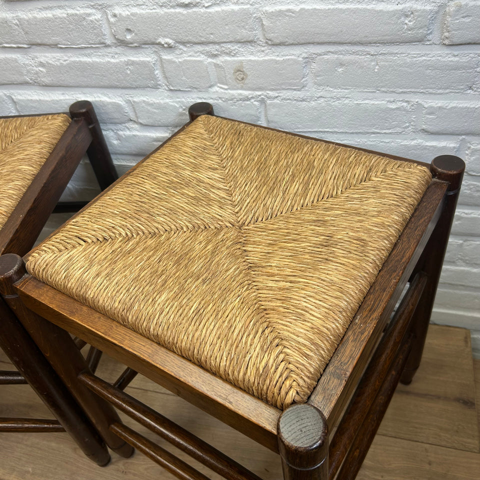 Mid-century modern wooden rattan stools