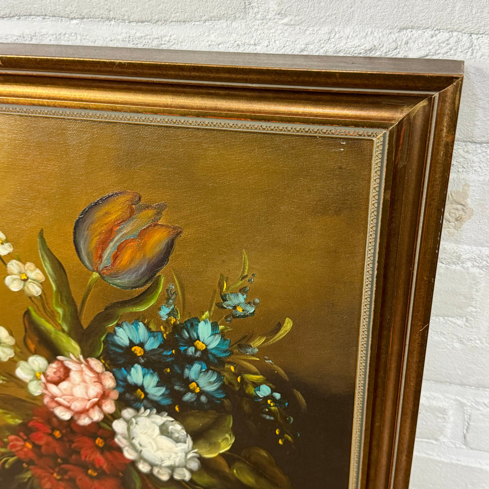 Still life bouquet of flowers - Oil painting in wooden frame