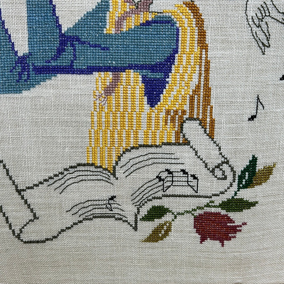 Flute player - Doce Music - Vintage Embroidery - Tapestry - Patchwork - Cotton work - Framed