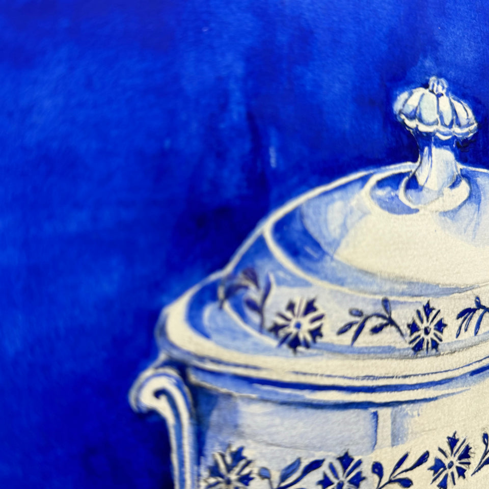 Two original paintings of Delft Blue ceramic from Holland.