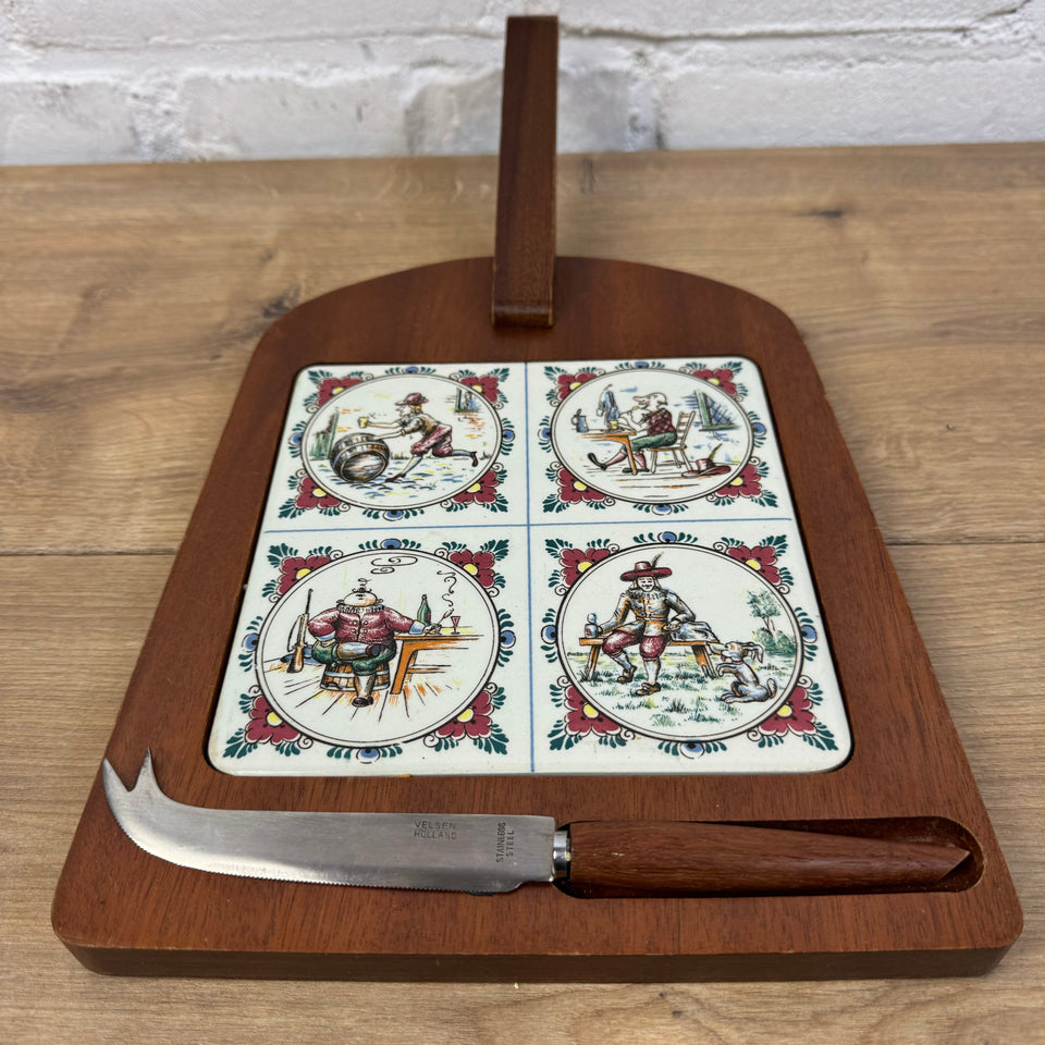 Serving platter with Dutch ceramic tile and cheese knife