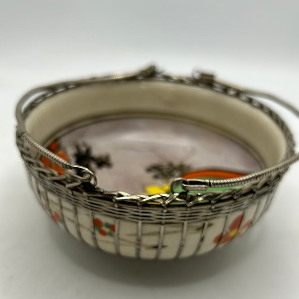 Unique Asian hand painted ceramic bowl with Silver plated handles and decorations