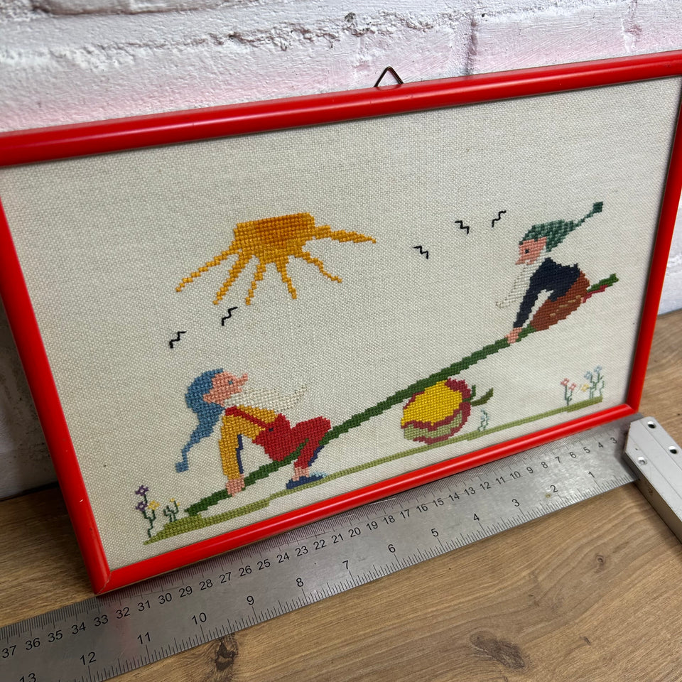 Small Vintage Embroidery of playing Gnomes Kabouters - Cottonwork - Framed