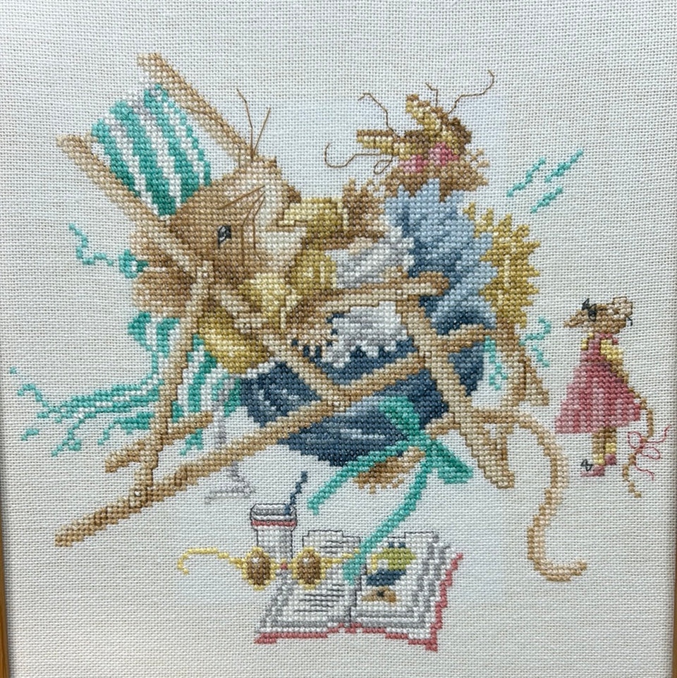 Vintage Mouse Embroidery no 2 -  Childrens room - Tapestry Mouse - Patchwork - Cotton work - Framed behind glass