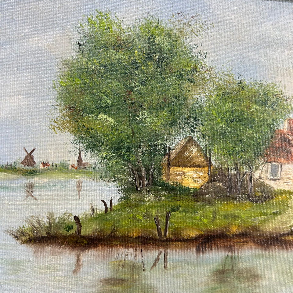 Dutch farm and windmills on the horizon - oil painting