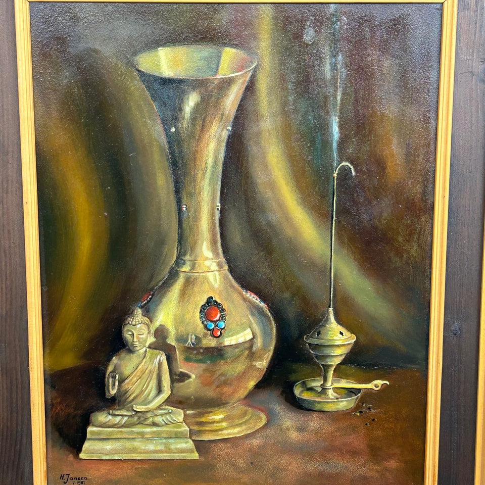 H. Janssen (20th century) - Still life with buddha and shiny vase and incense burner