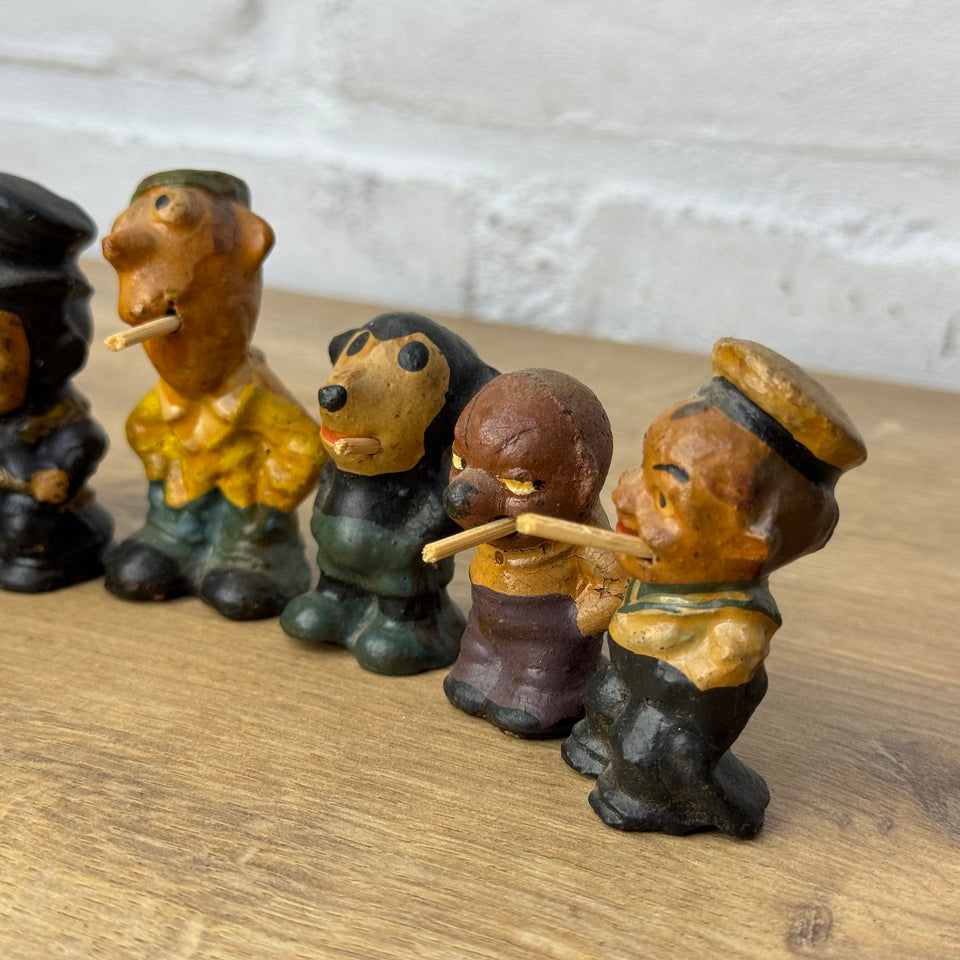 Large set of 6 figures - Stabchen Raucher Macky Smoker figurines and a antique smoking Mickey Mouse