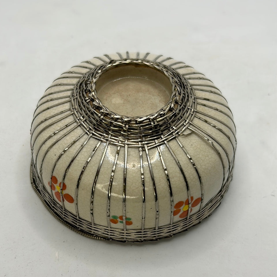 Unique Asian hand painted ceramic bowl with Silver plated handles and decorations