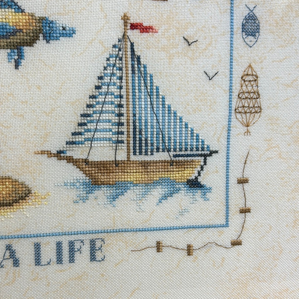 Sea Life - Embroidery - Cottonwork - Antique Sampler - Framed behind glass