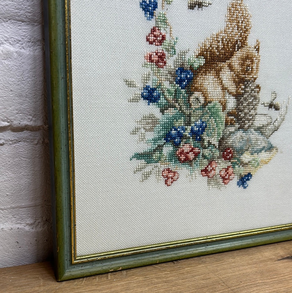 Cute Forest squirrel  - Childrens room - Embroidery - Cottonwork - Framed