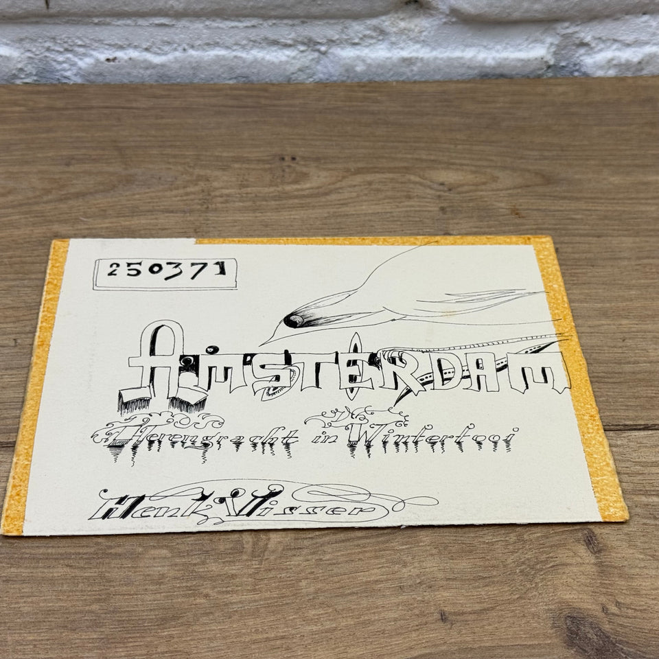 Original Ink Drawing Amsterdam - Herengracht in winter time - Henk Visser - Ink drawing on front and back