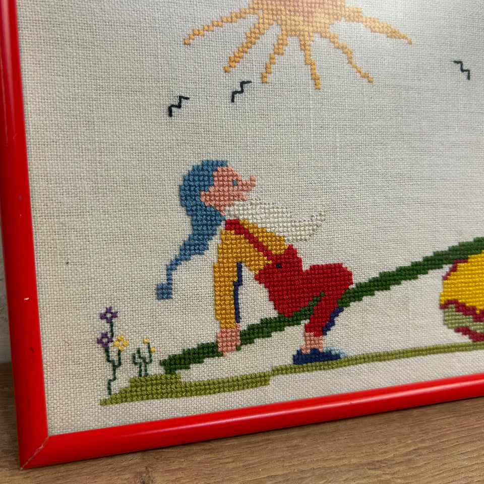 Small Vintage Embroidery of playing Gnomes Kabouters - Cottonwork - Framed