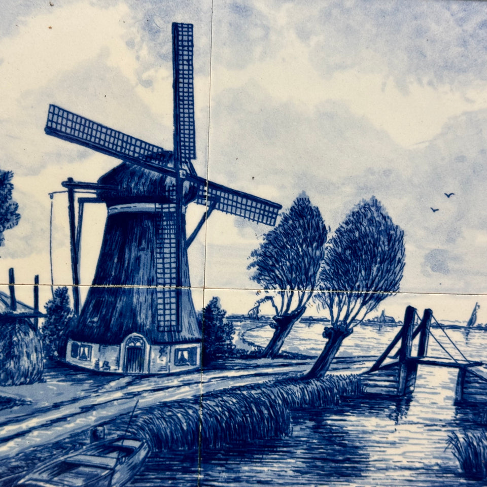 Delfts Blue wall plate painting of a Dutch Landscape - 6 framed ceramic tiles