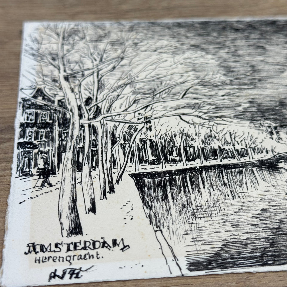 Original Ink Drawing Amsterdam - Herengracht in winter time - Henk Visser - Ink drawing on front and back