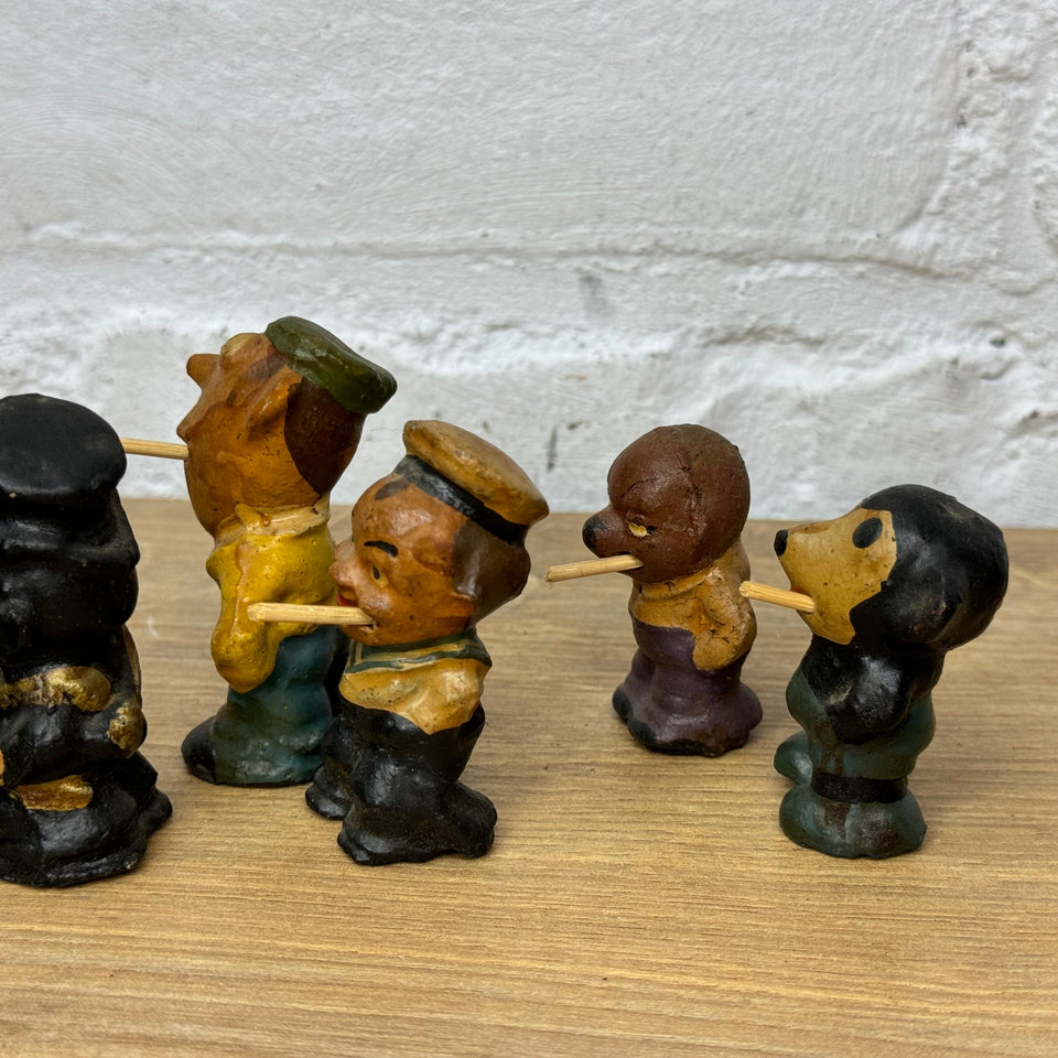 Large set of 6 figures - Stabchen Raucher Macky Smoker figurines and a antique smoking Mickey Mouse