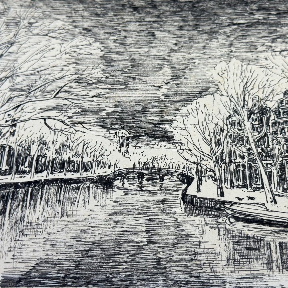 Original Ink Drawing Amsterdam - Herengracht in winter time - Henk Visser - Ink drawing on front and back