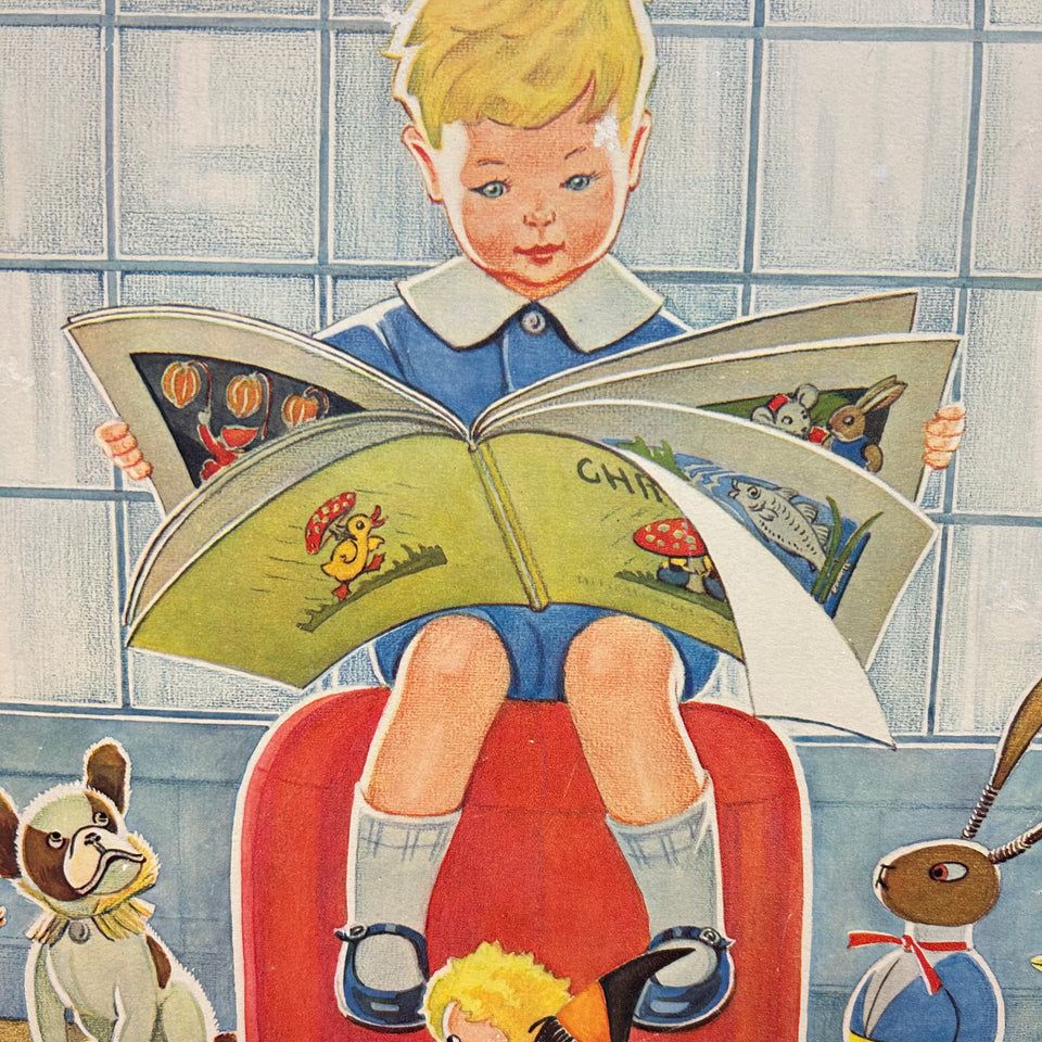 Vintage framed illustration of a boy reading a book for his toy friends