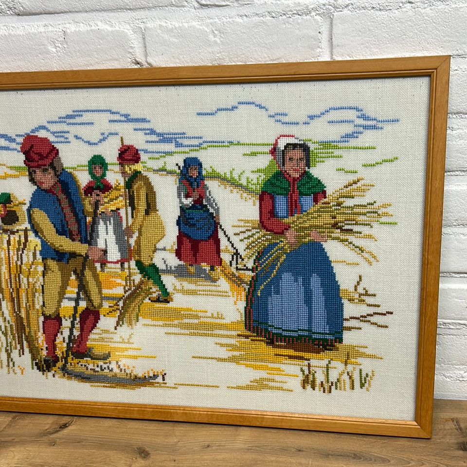 Vintage Dutch Farmers Larger Embroidery - Tapestry - Patchwork - Cotton work - Framed
