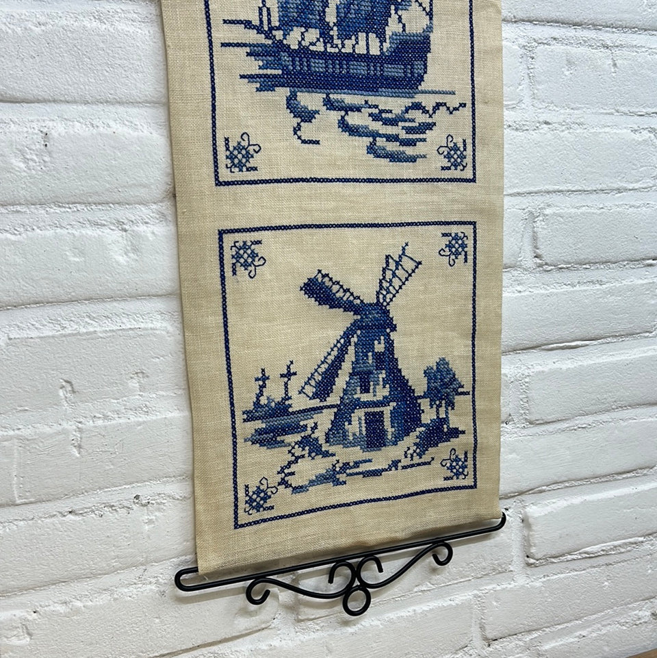 Large Delft tile cross-stich embroidery -  wall hanging - including handles - Sailing ships and windmill