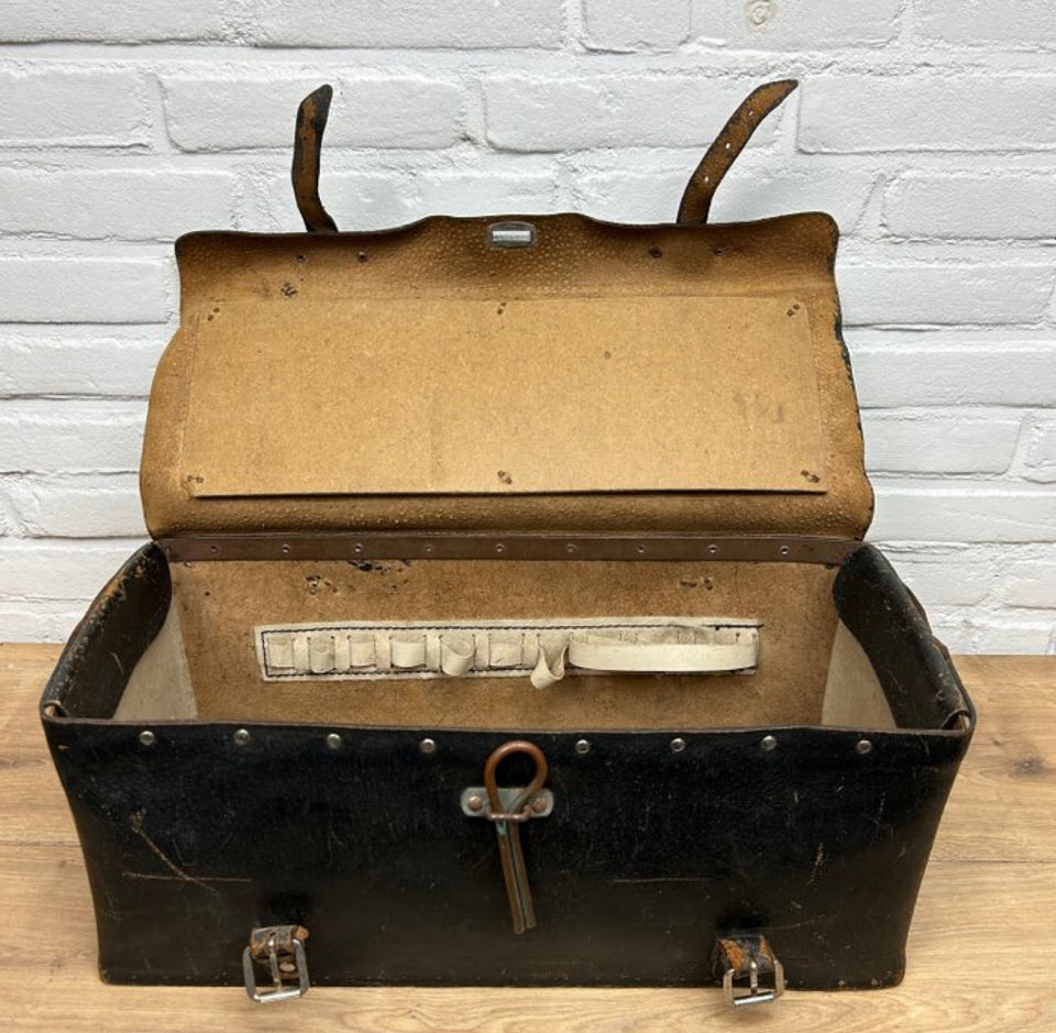 Antique leather doctor bag with wooden base