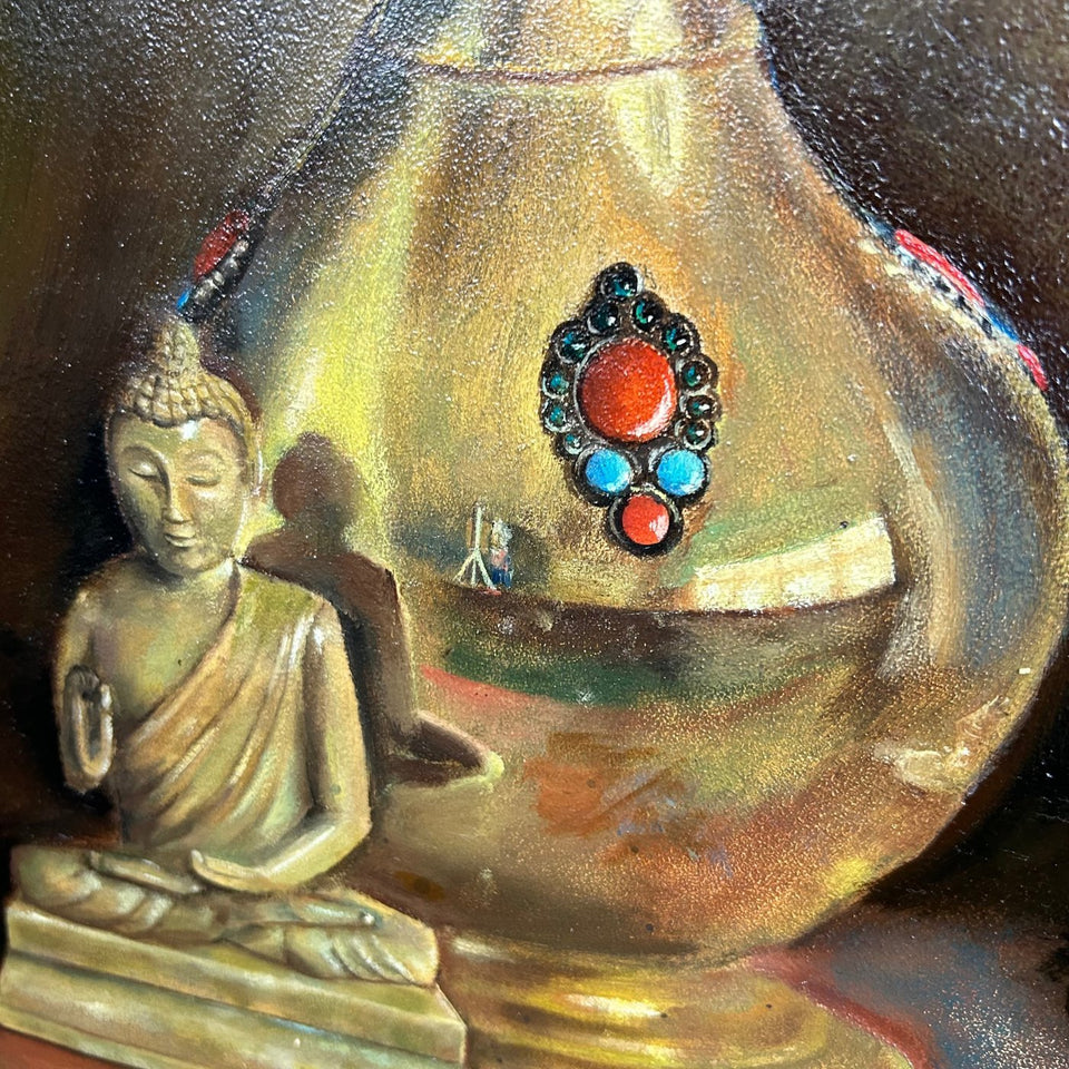 H. Janssen (20th century) - Still life with buddha and shiny vase and incense burner