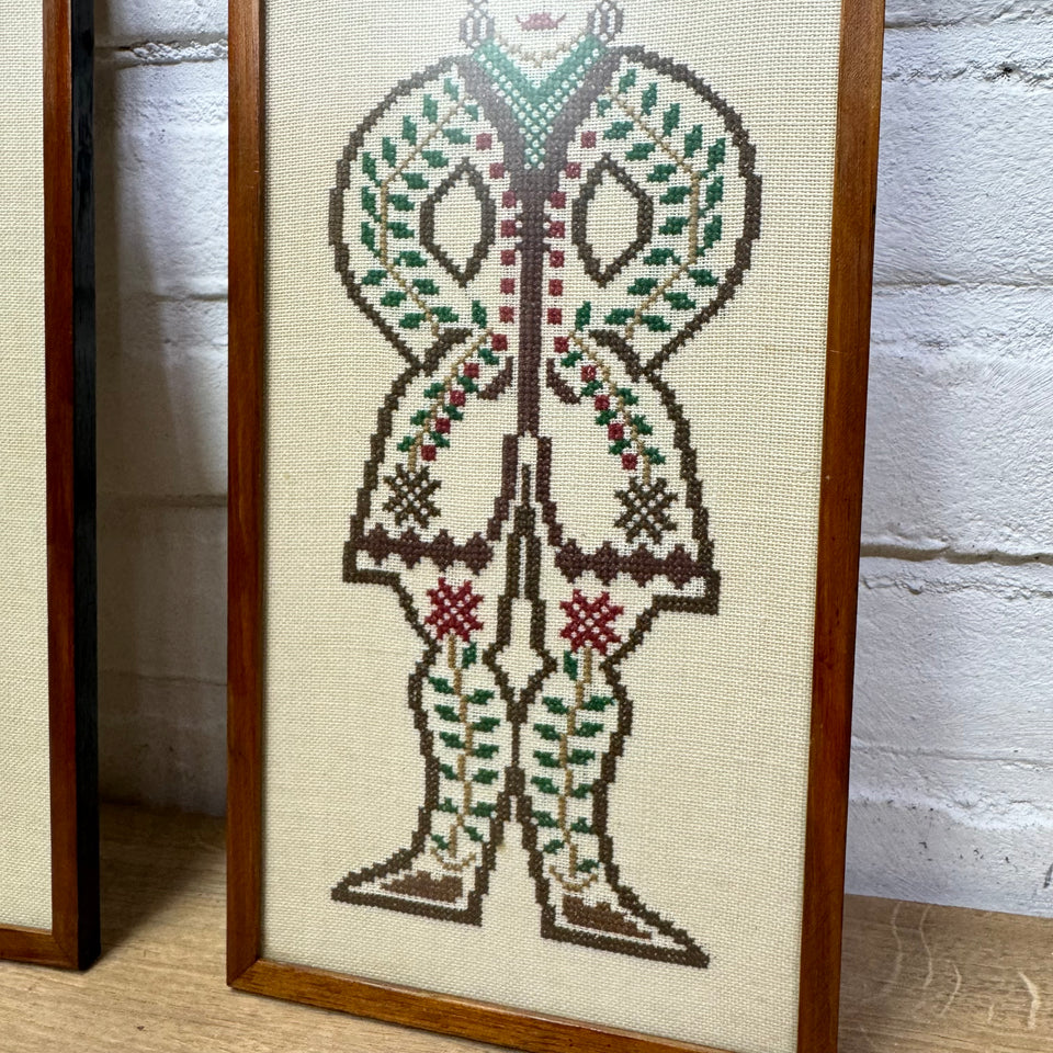 A couple of two folk art figures - Cross-Stitch Embroidery - Cottonwork - Framed