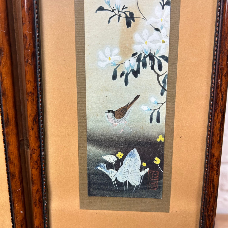 Two Handpainted Asian floral & bird paintings behind frame