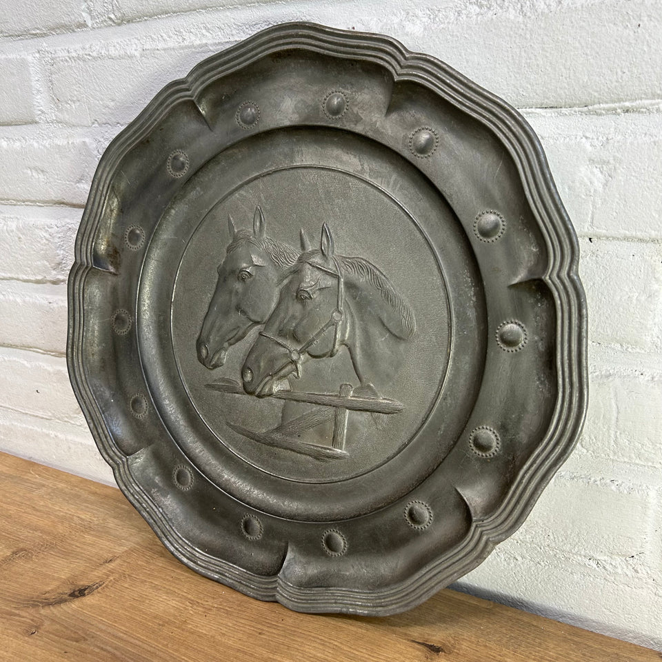 Antique Horse Pewter Decorative Plate, Two Horses Stading at a Fence