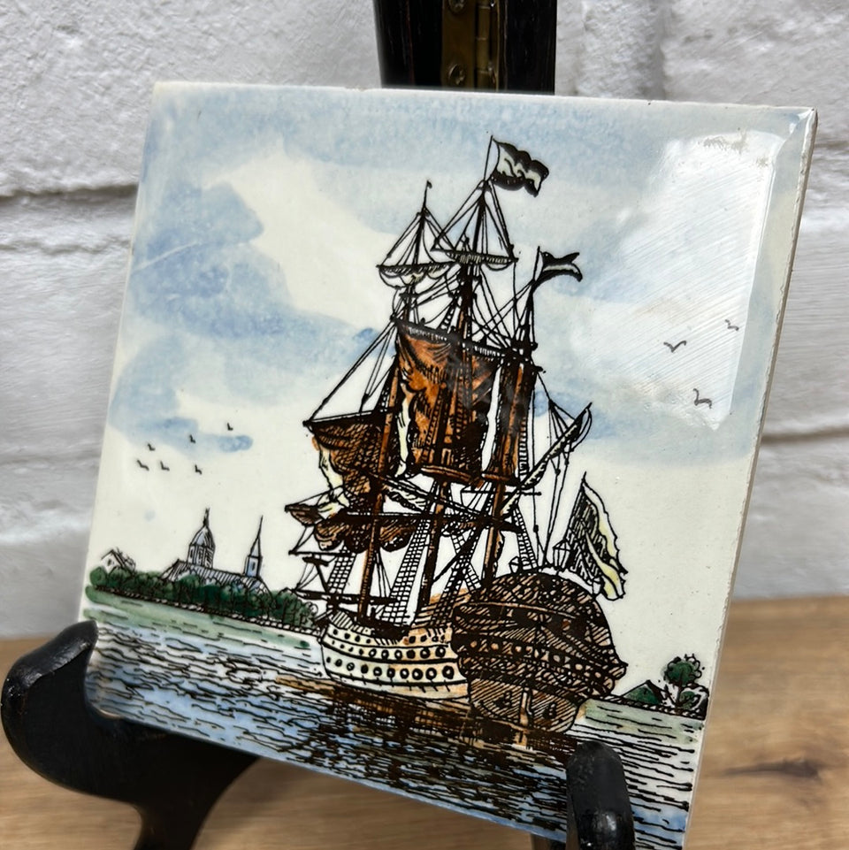 A set of 2 hand painted Dutch Sailing Ships - Ceramic Tiles - Also available in larger sets