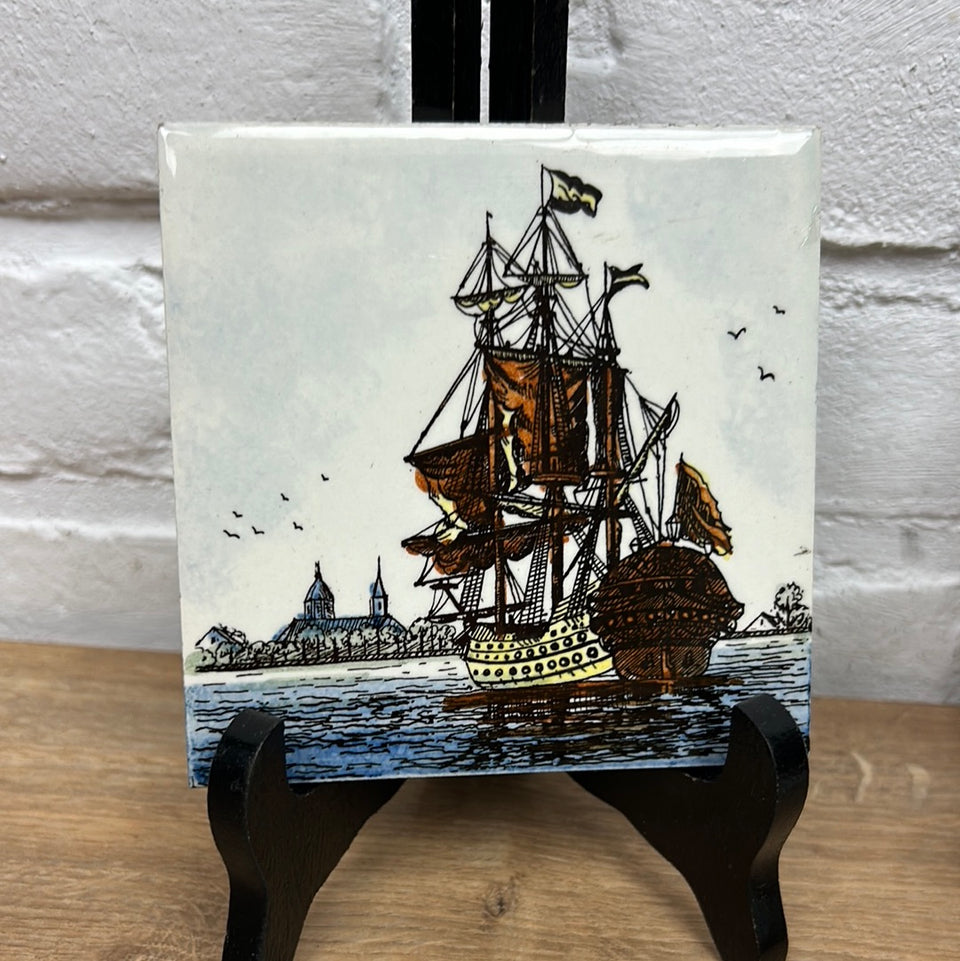 A set of 2 hand painted Dutch Sailing Ships - Ceramic Tiles - Also available in larger sets