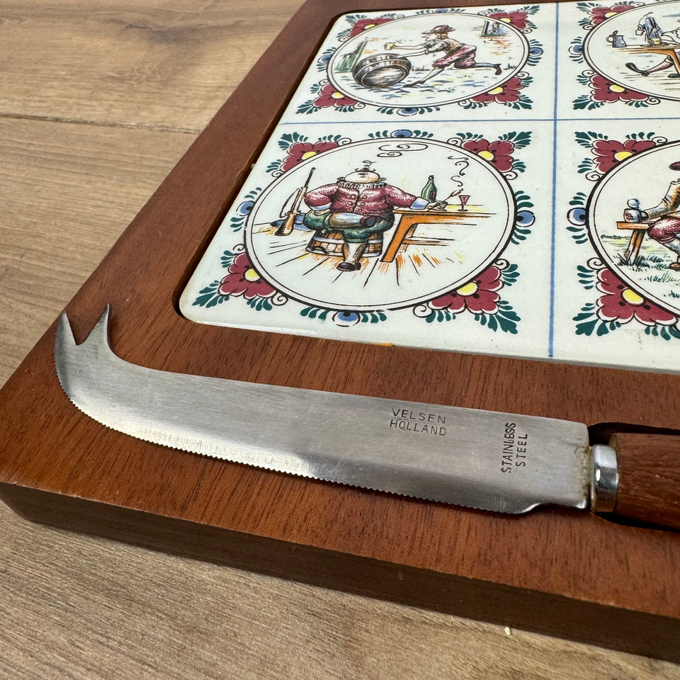 Serving platter with Dutch ceramic tile and cheese knife