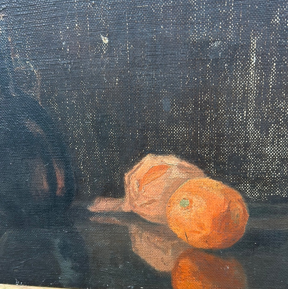 Small Still life oil painting with bottle and fruit