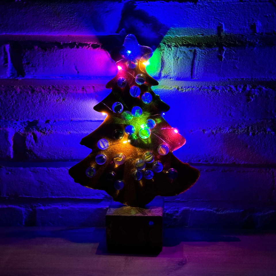 Glass Marbles Christmas tree - Gold Resin epoxy art with colored lights