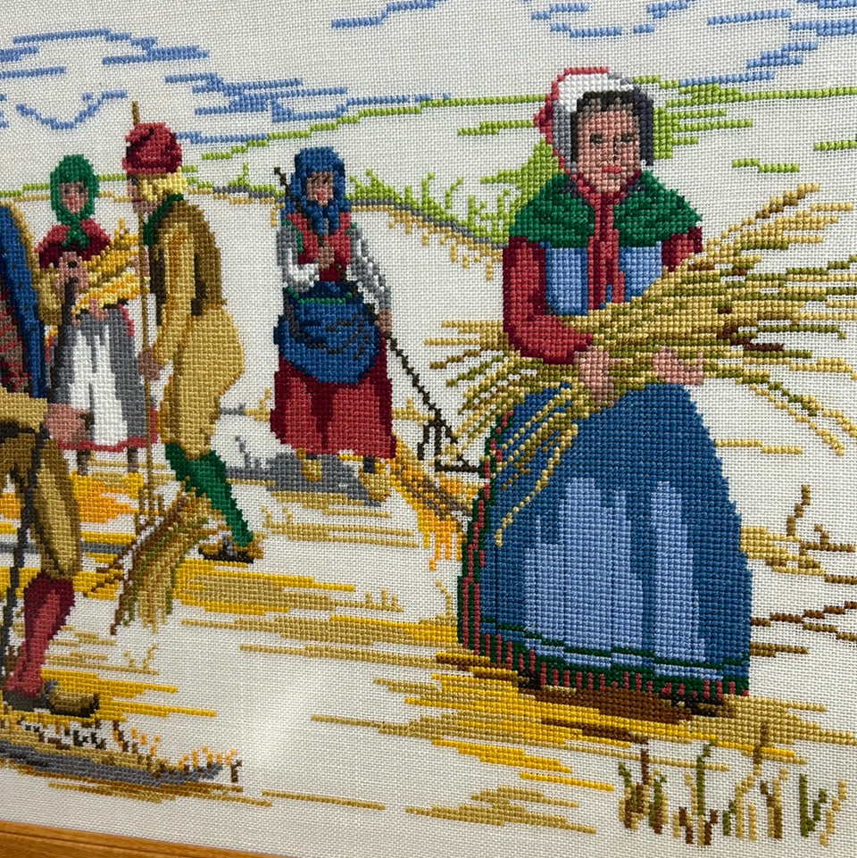 Vintage Dutch Farmers Larger Embroidery - Tapestry - Patchwork - Cotton work - Framed