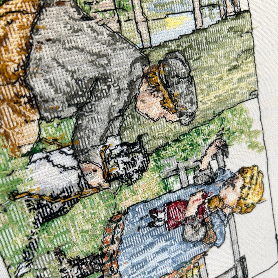 Vintage children Embroidery - Tapestry - Patchwork - Cotton work - Framed