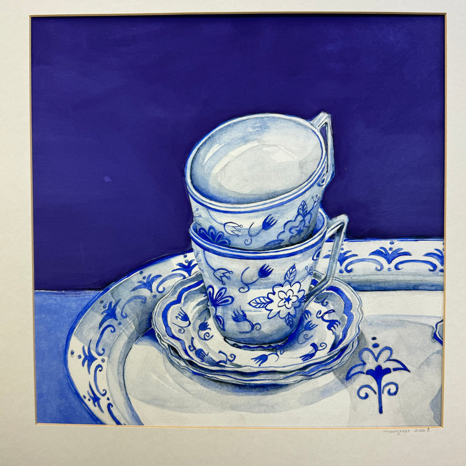 Two original paintings of Delft Blue ceramic from Holland.