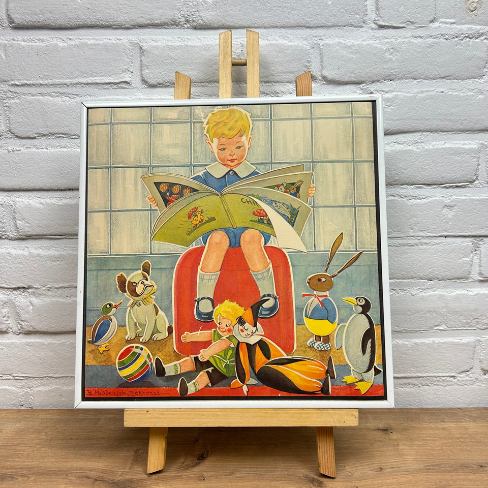 Vintage framed illustration of a boy reading a book for his toy friends