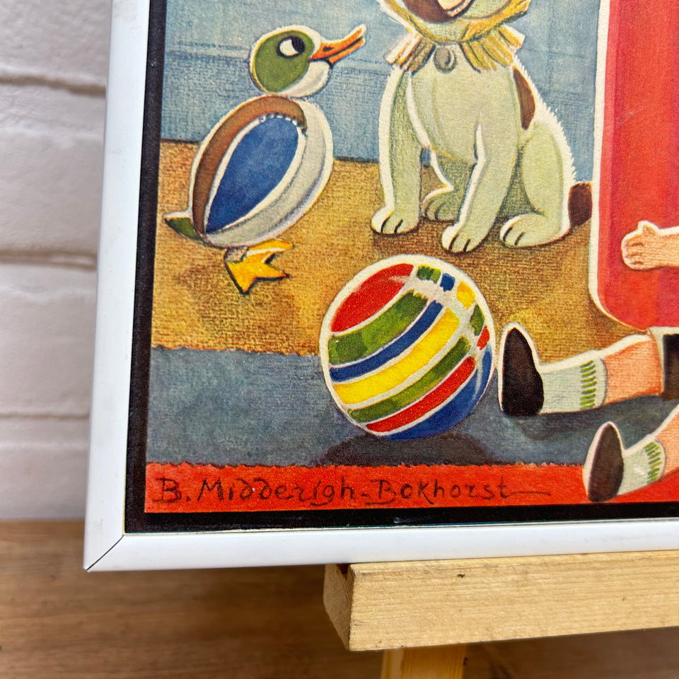 Vintage framed illustration of a boy reading a book for his toy friends