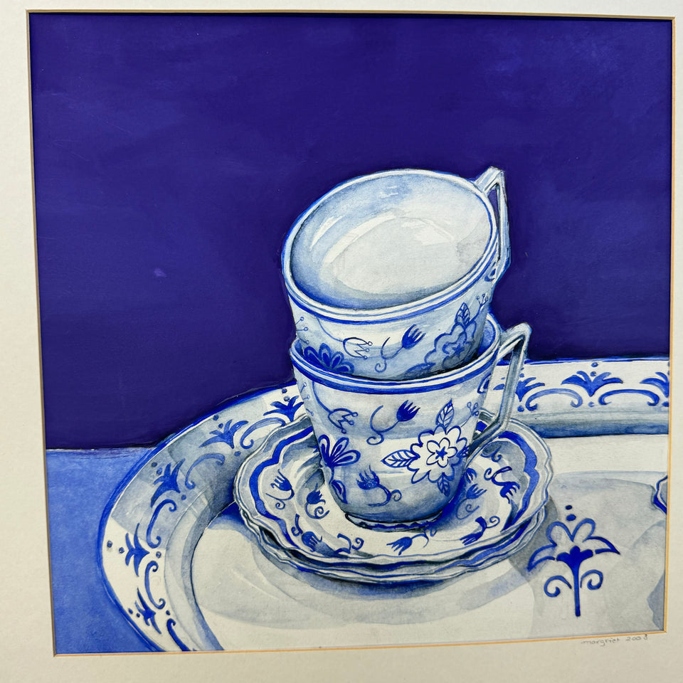 Two original paintings of Delft Blue ceramic from Holland.