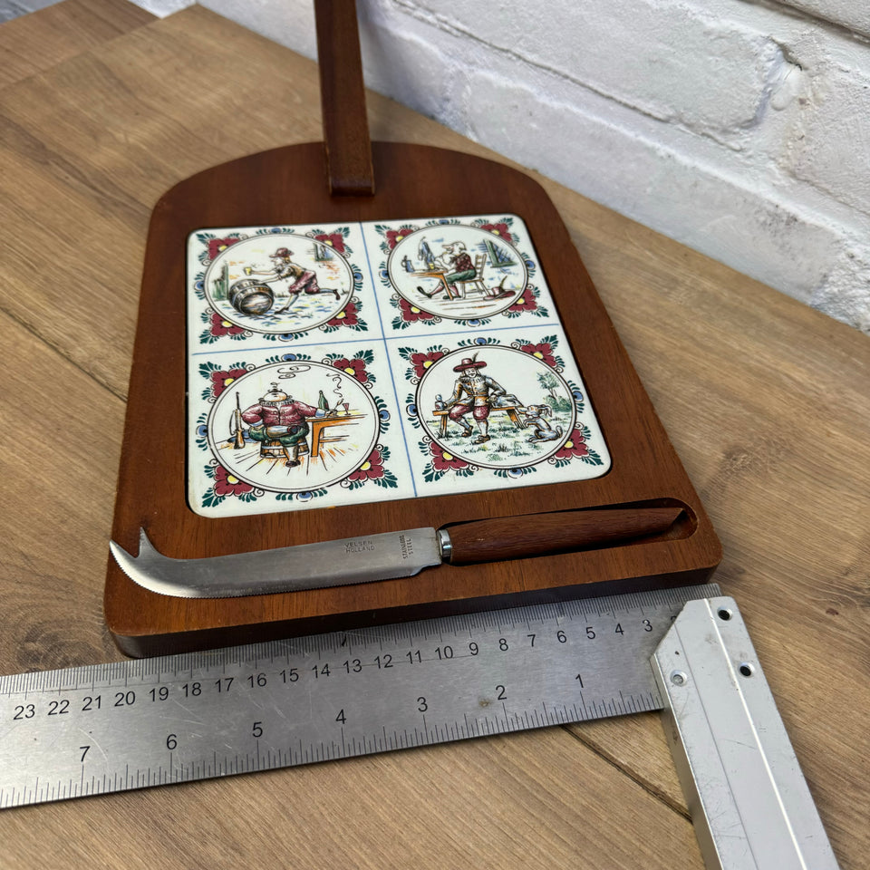 Serving platter with Dutch ceramic tile and cheese knife