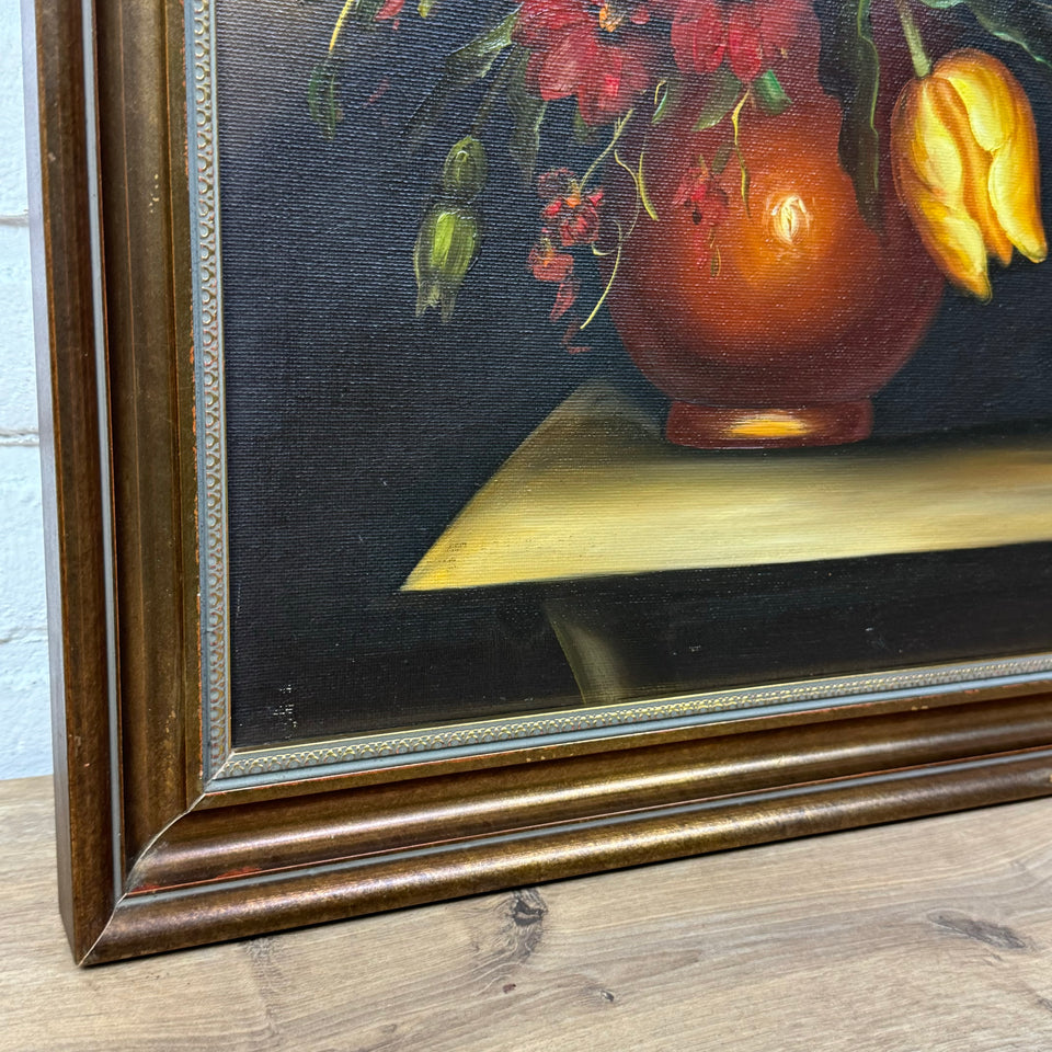 Still life bouquet of flowers - Oil painting in wooden frame