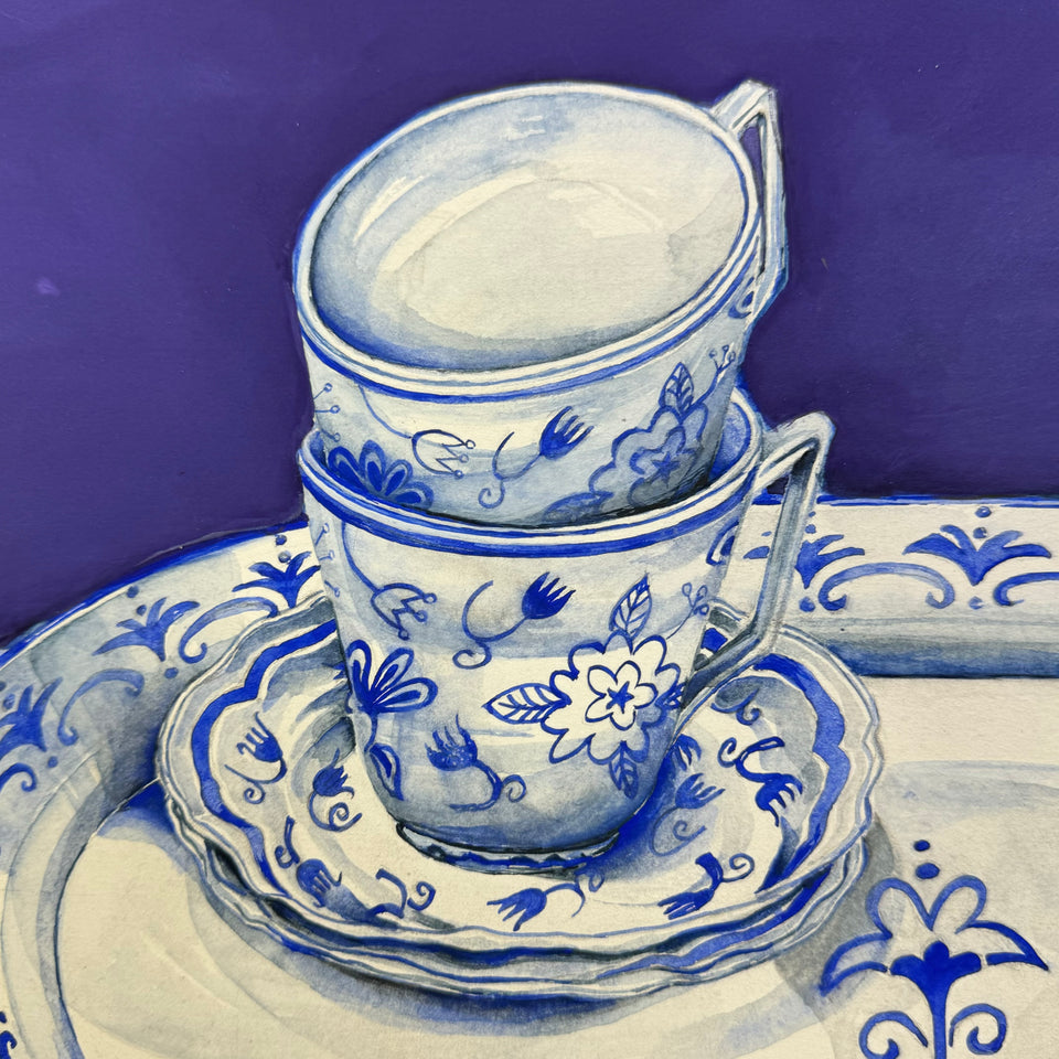 Two original paintings of Delft Blue ceramic from Holland.