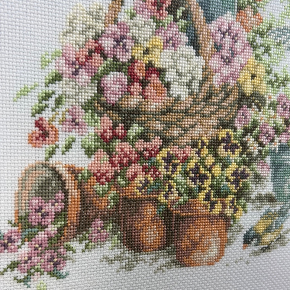 Flowers around antique water well - Embroidery - Tapestry - Patchwork - Cotton work - Framed