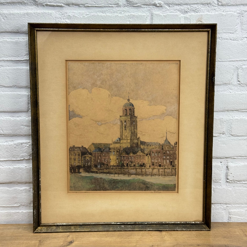 Deventer tower skyline antique large etching