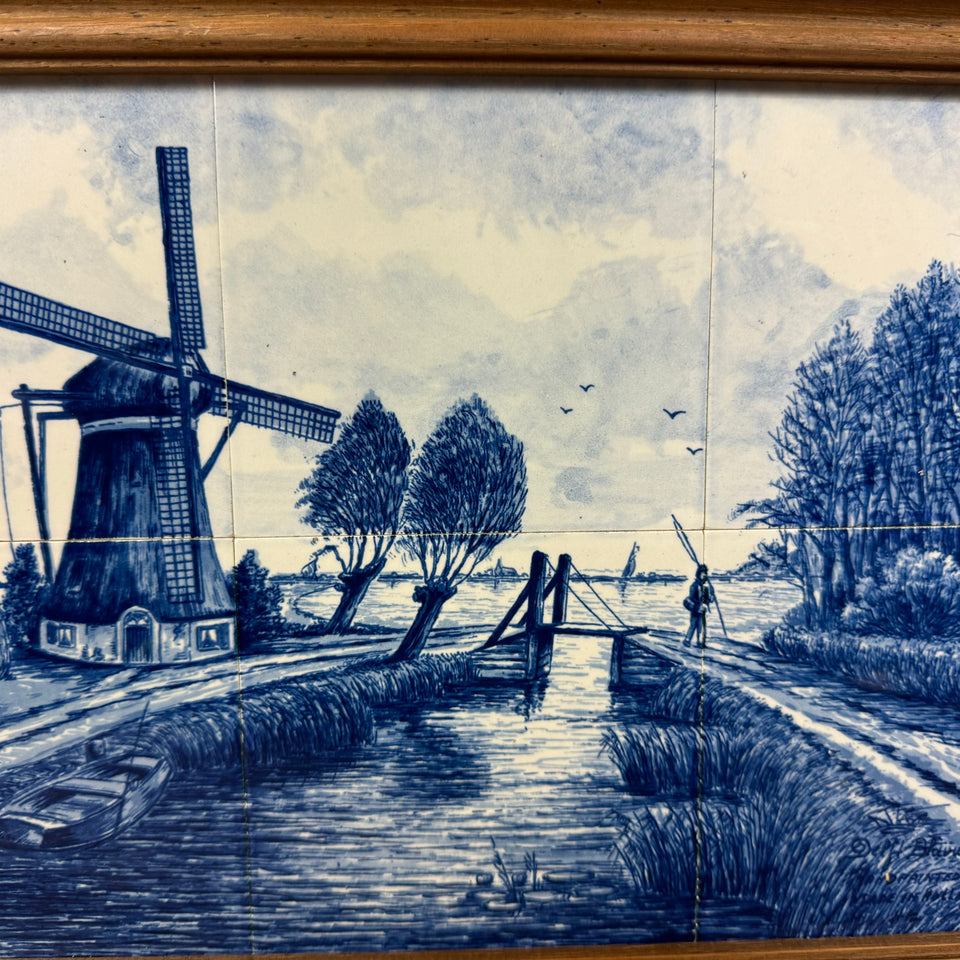 Delfts Blue wall plate painting of a Dutch Landscape - 6 framed ceramic tiles