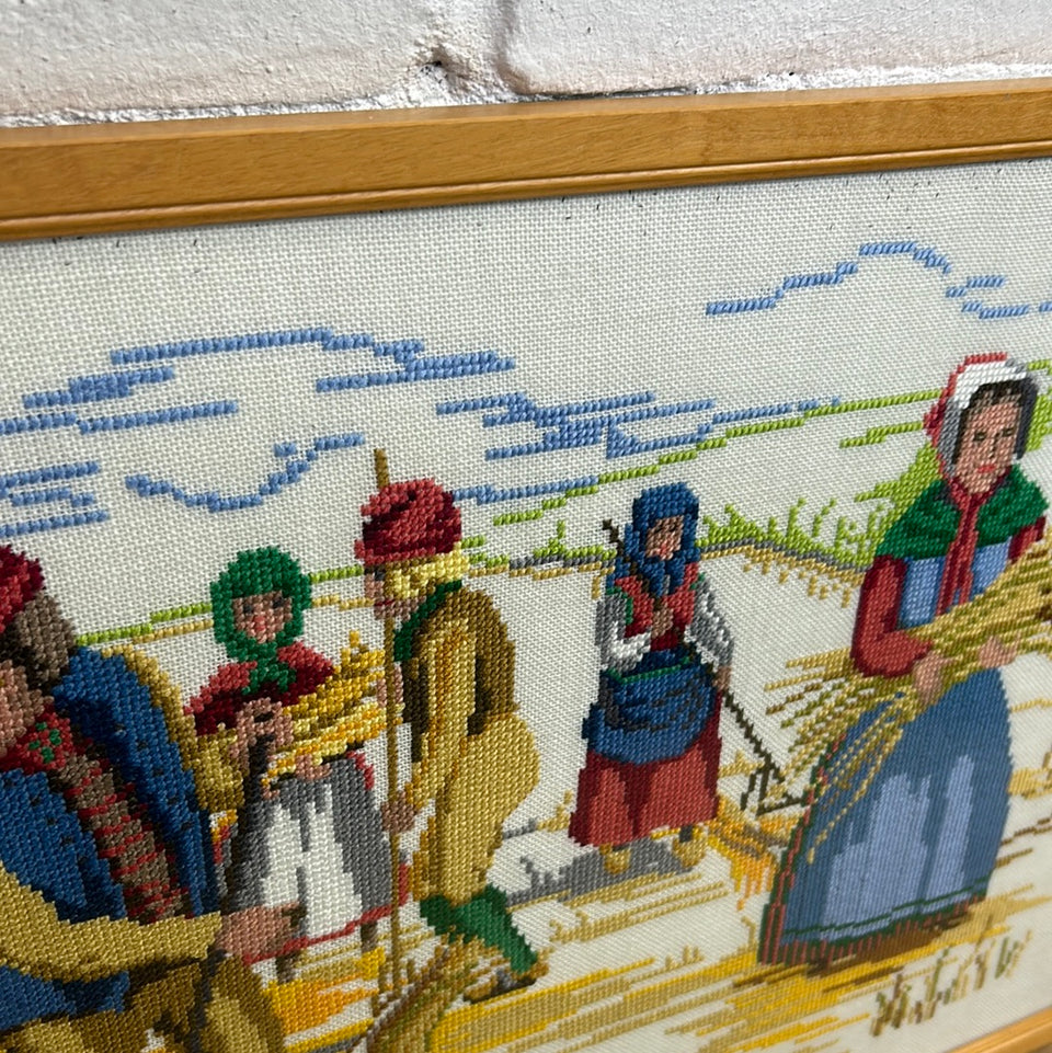 Vintage Dutch Farmers Larger Embroidery - Tapestry - Patchwork - Cotton work - Framed