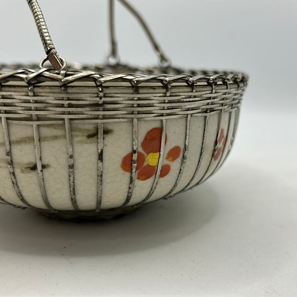 Unique Asian hand painted ceramic bowl with Silver plated handles and decorations