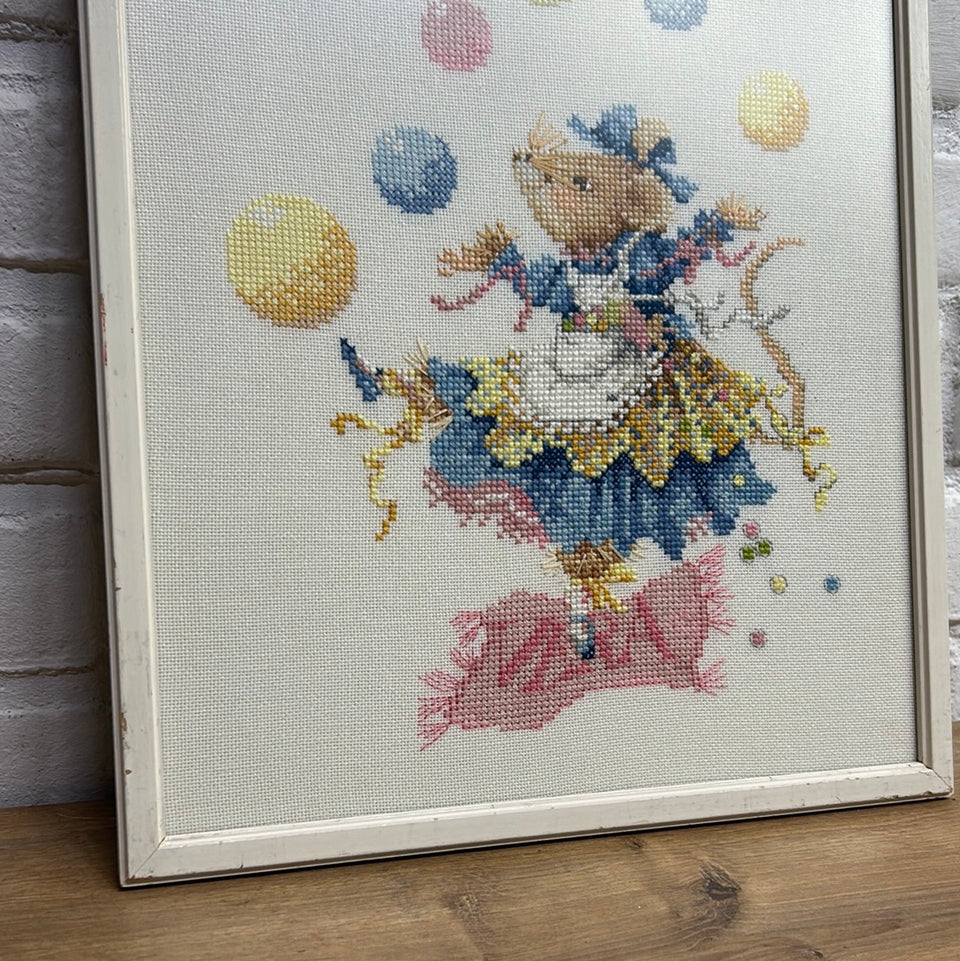 Vintage Mouse Embroidery no 5 -  Childrens room - Tapestry Mouse - Patchwork - Cotton work - Framed behind glass