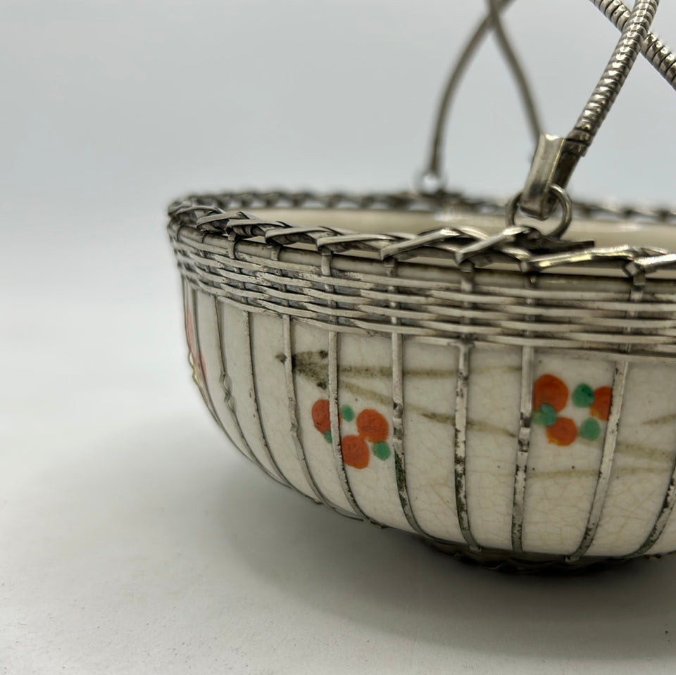 Unique Asian hand painted ceramic bowl with Silver plated handles and decorations